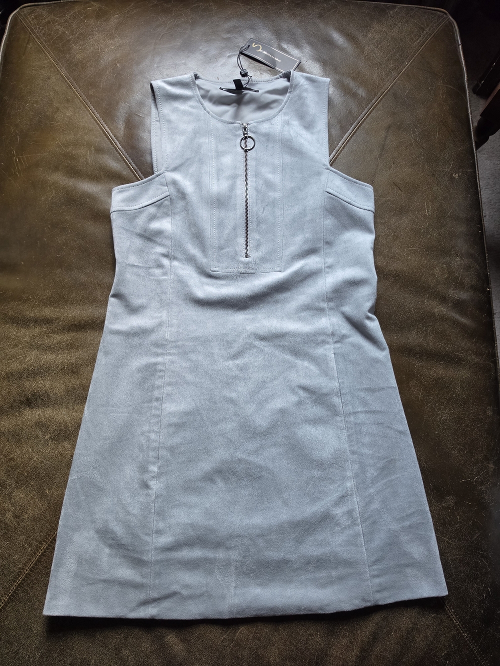 BCBGMaxAzria Gray Faux Suede Sleeveless Shift Dress with Front Ring Zip 0
